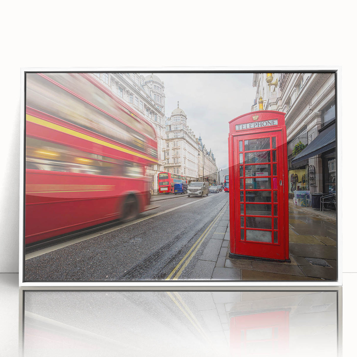 Mid-century modernist art of London skyline in muted blue tones on framed acrylic, suitable for modern art wall decor.
