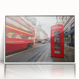 Mid-century modernist art of London skyline in muted blue tones on framed acrylic, suitable for modern art wall decor.