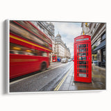 Vintage poster art of London scenery, featuring colorful art on a white-framed canvas, ideal for living room decor.