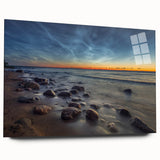 Large abstract wall art of a European cityscape in muted gray and blue tones, printed on acrylic glass.