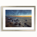 Extra large abstract art print featuring a textured scenery of Estonia in muted earth tones, framed in silver.