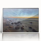 Mid-century modernist art depicting a serene Estonian landscape on framed acrylic, in soft pastel hues.