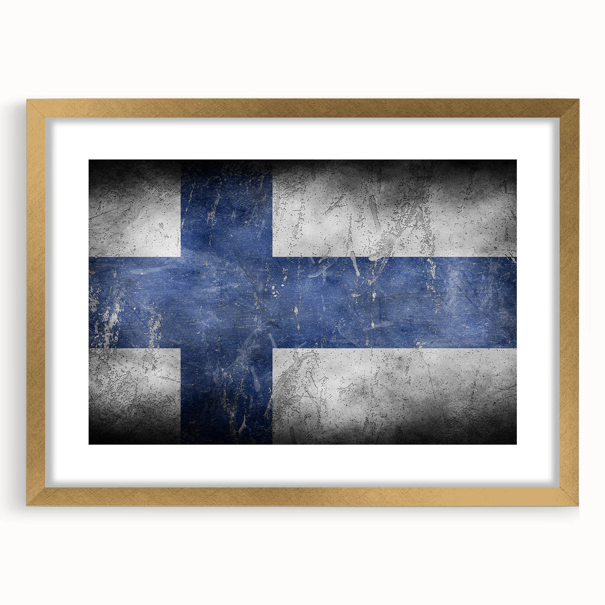 Abstract art print of a European Finnish landscape, in gold frame with mat, ideal for dining room decor.