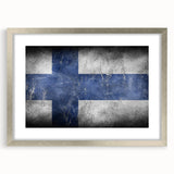 Extra large abstract art print of a textured Finnish landscape in muted earth tones, framed in silver.