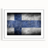 Textured abstract art print depicting a serene Finnish landscape in muted blue and green hues on a framed white mat.