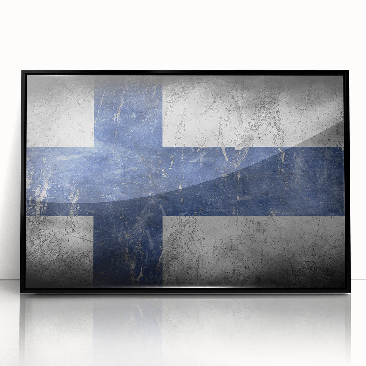 Large abstract wall art depicting a serene Finnish landscape in muted earth tones, framed in black acrylic.