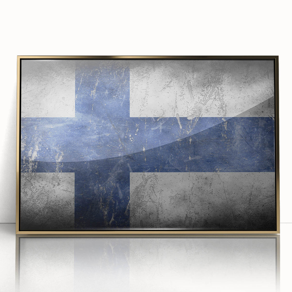 Art deco poster depicting a serene Finnish landscape in muted gold and blue hues, acrylic print framed.
