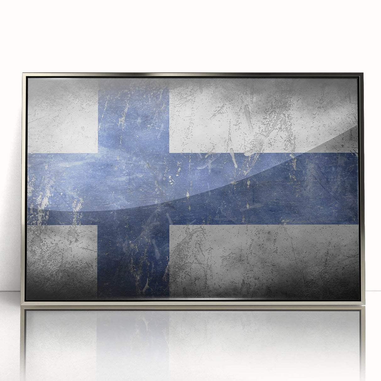 Framed acrylic print of a serene Finnish landscape in muted blues and greens, ideal for modern art wall decor.