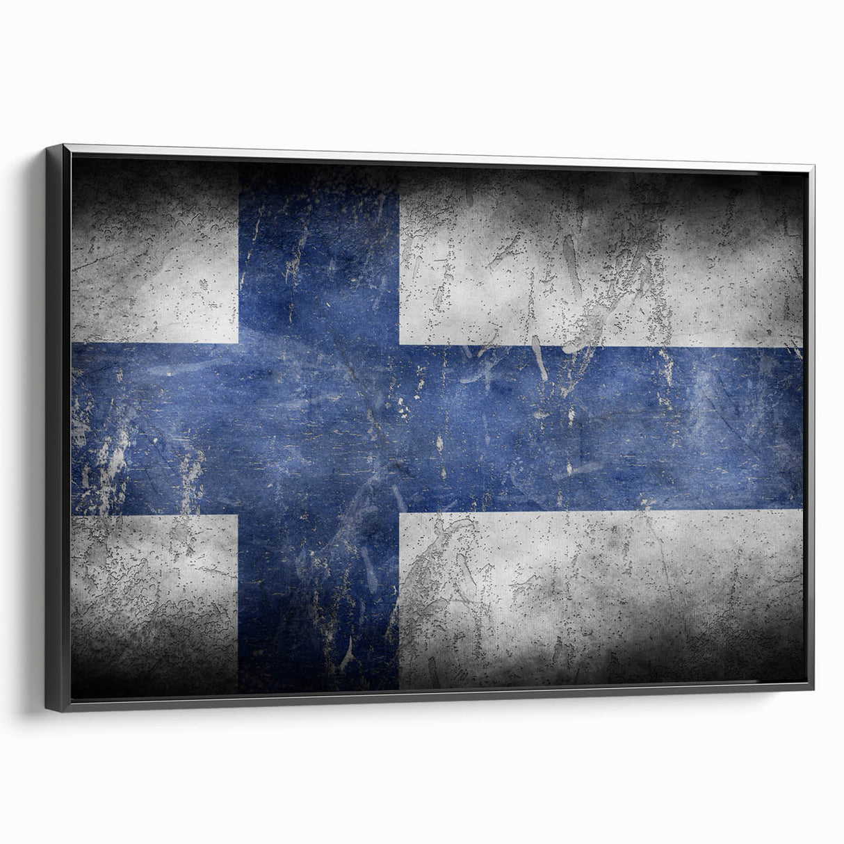 Black and white framed canvas featuring a vintage-style landscape of Finland, ideal for bedroom wall art.