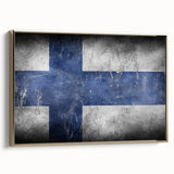 Framed canvas of vintage-style Finnish landscape in muted gold and black, ideal for bedroom wall art.