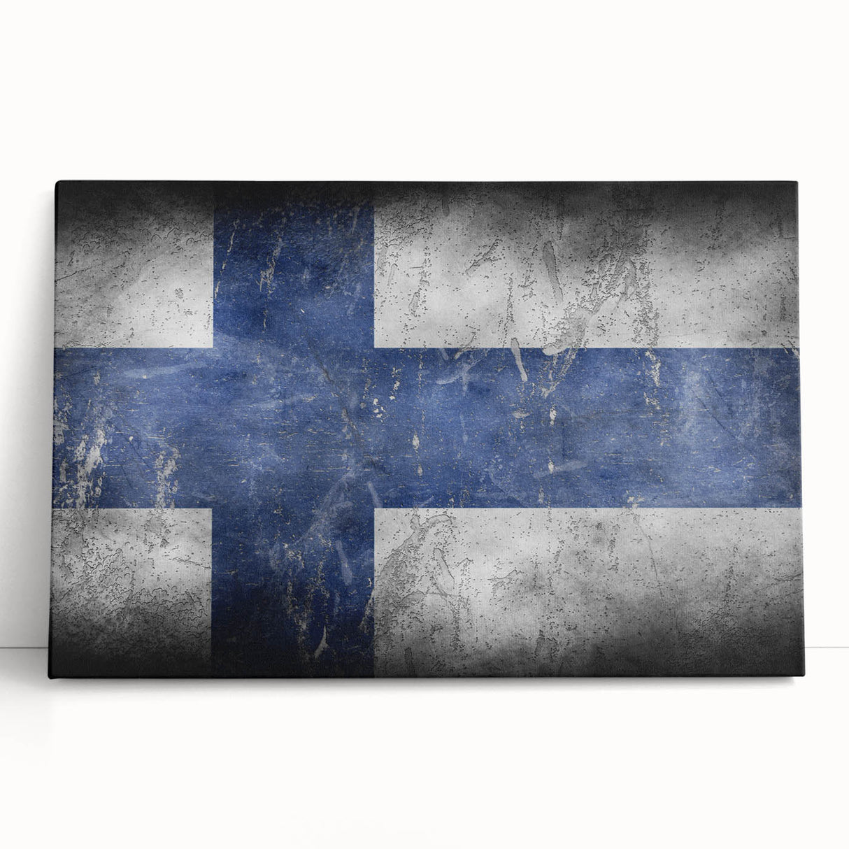Large black and white photo of a serene Finnish landscape on stretched canvas, ideal for kitchen art.