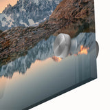 Large abstract wall art of the French Alps in muted earth tones on acrylic glass, ideal for dining room ambiance.