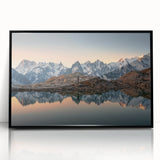 Large abstract wall art depicting the French Alps in muted gray and blue tones, framed in black acrylic.