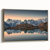 Framed canvas of the French Alps landscape in muted earth tones, suitable as wall art for a bedroom.