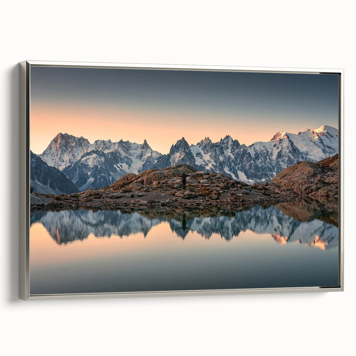 Landscape art painting of the French Alps in a vintage poster style on framed canvas, with black and colorful art palette.