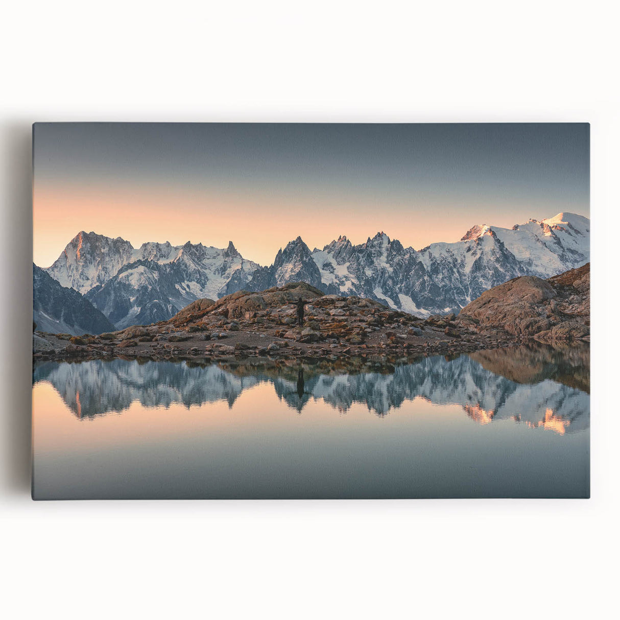 Black and white image of the French Alps on stretched canvas, ideal for kitchen wall art or bedroom ambiance.