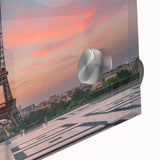 Large abstract depiction of Paris scenery in muted gray and blue tones on acrylic glass, suitable for dining room art.