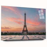 Large abstract depiction of a Parisian scene in muted blue and gray tones on acrylic glass.