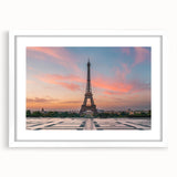 Textured abstract art print of Paris skyline in muted gray and blue tones, framed with a white mat, ideal for bedroom art.