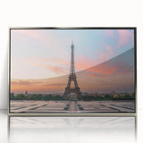 Large art print of a Parisian street scene in muted gray tones on framed acrylic, suitable for modern art wall decor.