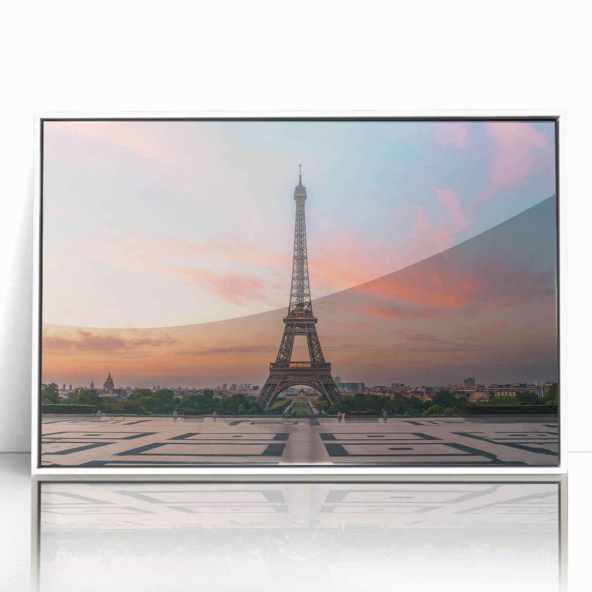 Mid-century modernist art depicting the Eiffel Tower, in muted gray tones on a white acrylic framed print.