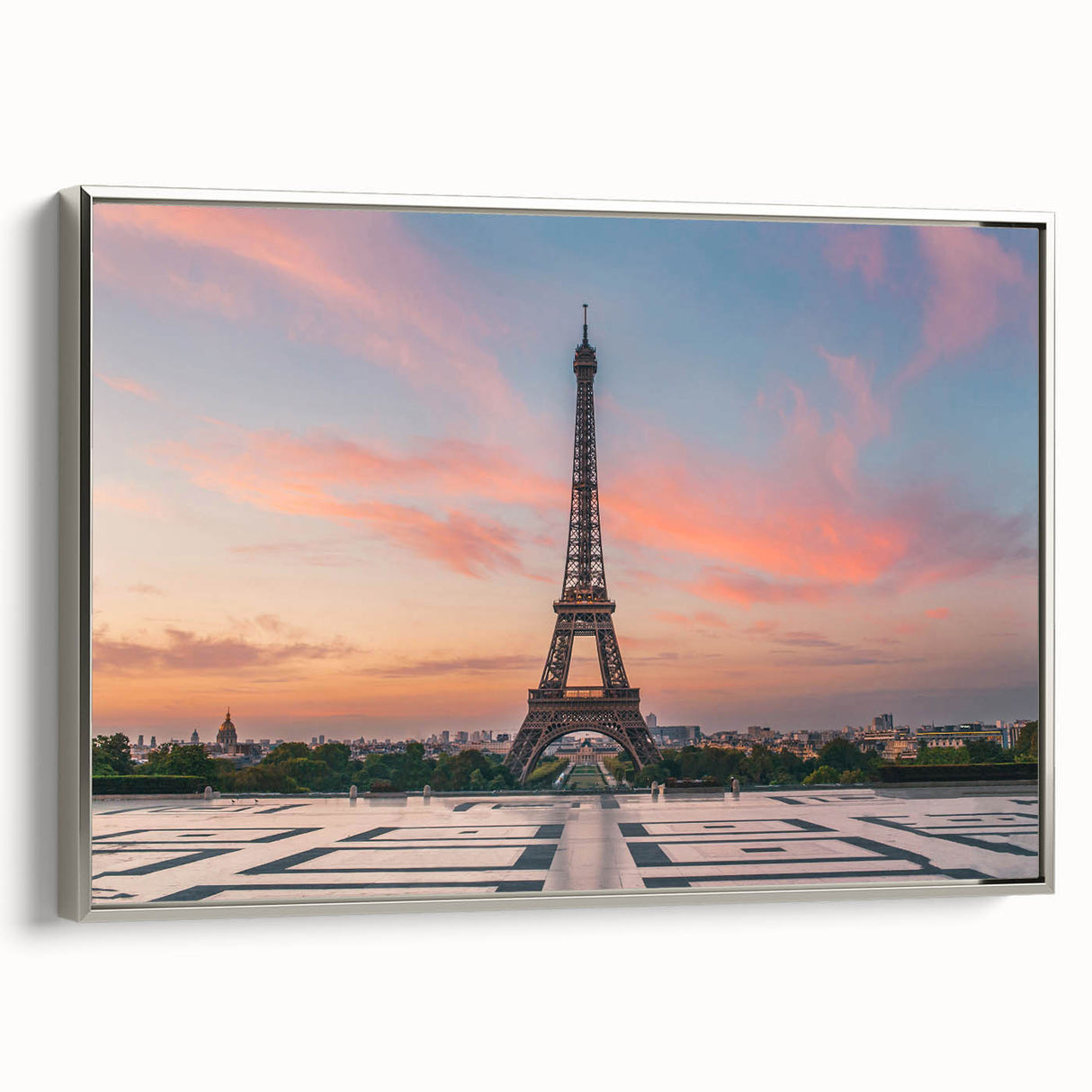 Landscape art painting of Paris with Eiffel Tower in muted colors on a framed canvas, ideal for living room decor.