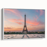 Vintage poster art of Paris landscape in vibrant colors on framed canvas, ideal for living room decor.
