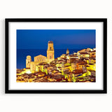 Extra large abstract art print of a colorful Provence landscape on textured canvas, framed in black.