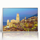Mid-century modernist art of Provence landscape on framed acrylic, featuring pastel shades, ideal for nursery wall art.