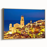 Framed canvas depicting a vintage-style landscape of Provence with muted earth tones, ideal for bedroom wall art.