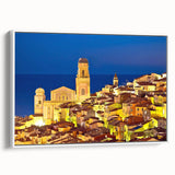 Extra large vintage poster art of a colorful Provence scenery on framed canvas, ideal for living room decor.