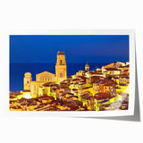 Provence landscape with lavender fields, in soft purple and green tones on a rolled canvas, ideal for dining room wall art.