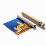 Extra large rolled print of a Provencal landscape with vibrant floral elements, ideal for classy bathroom wall art.