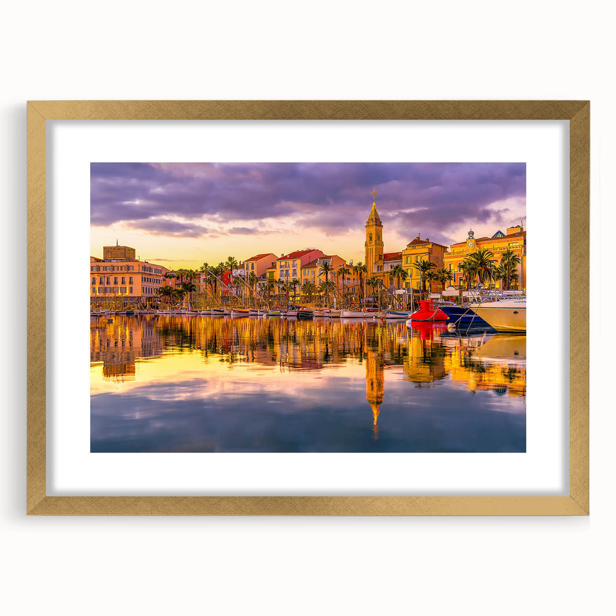 Abstract art print of a South France landscape in gold frame, featuring muted earth tones, ideal for dining room decor.