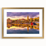 Abstract art print of a South France landscape in gold frame, featuring muted earth tones, ideal for dining room decor.