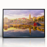 Large abstract wall art depicting a vibrant European landscape in acrylic, framed in black.