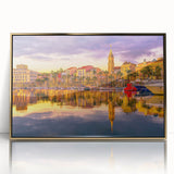 Art Deco poster of a South France scenery in gold acrylic frame, featuring pastel colors.