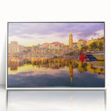 Mid-century modernist art depicting a serene South France landscape in pastel colors on a white-framed acrylic print.