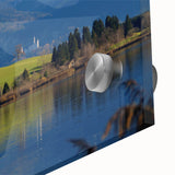 Mid-century modernist art of a Bavarian landscape on acrylic glass, featuring muted earth tones, ideal for dining room art.