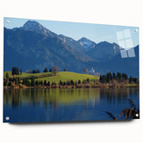 Acrylic print of a Bavarian landscape in muted greens and blues, ideal for dining room decor.
