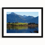 Extra large abstract art print of a colorful Bavarian landscape, textured appearance, in a black frame.
