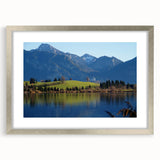 Extra large abstract art print of Bavarian scenery in textured silver frame, ideal for living room decor.