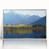 Mid-century modernist art depicting a Bavarian landscape in muted earth tones on a framed acrylic.