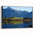 Black and white framed canvas of a Bavarian landscape, ideal for bedroom wall decor.