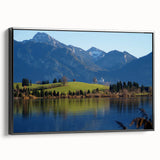 Black and white framed canvas of a Bavarian landscape, ideal for bedroom wall decor.