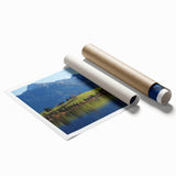 Large rolled print depicting a serene Bavarian landscape with soft green and blue hues, ideal for classy bathroom wall art.