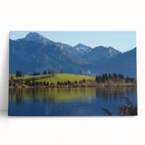 Black and white stretched canvas of Bavarian landscape, ideal for kitchen wall art.
