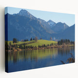 Canvas print of a Bavarian landscape in muted greens and blues, ideal for kitchen wall art.