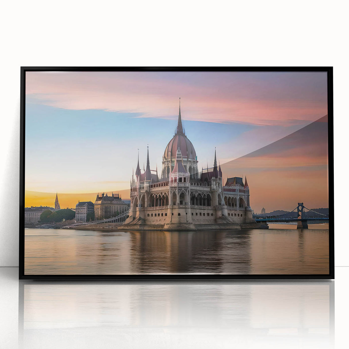 Large abstract wall art depicting a European scenery in Hungary, framed in black acrylic.