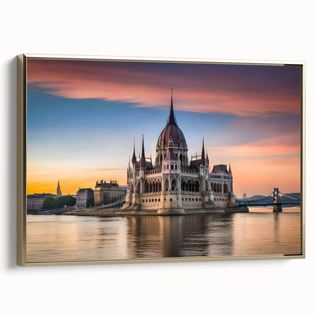 Framed canvas of a vintage-style Hungarian landscape in black and gold tones, ideal for bedroom wall art.